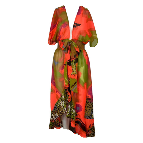 America & Beyond Dresses & Skirts - NWT‎ America & Beyond Dress Womens S Green Pink V-Neck Tie Smocked Waist A-Line